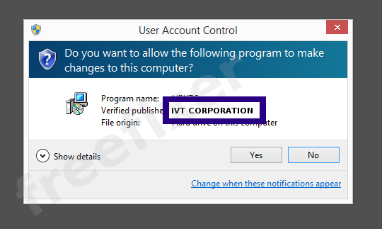 Screenshot where IVT CORPORATION appears as the verified publisher in the UAC dialog